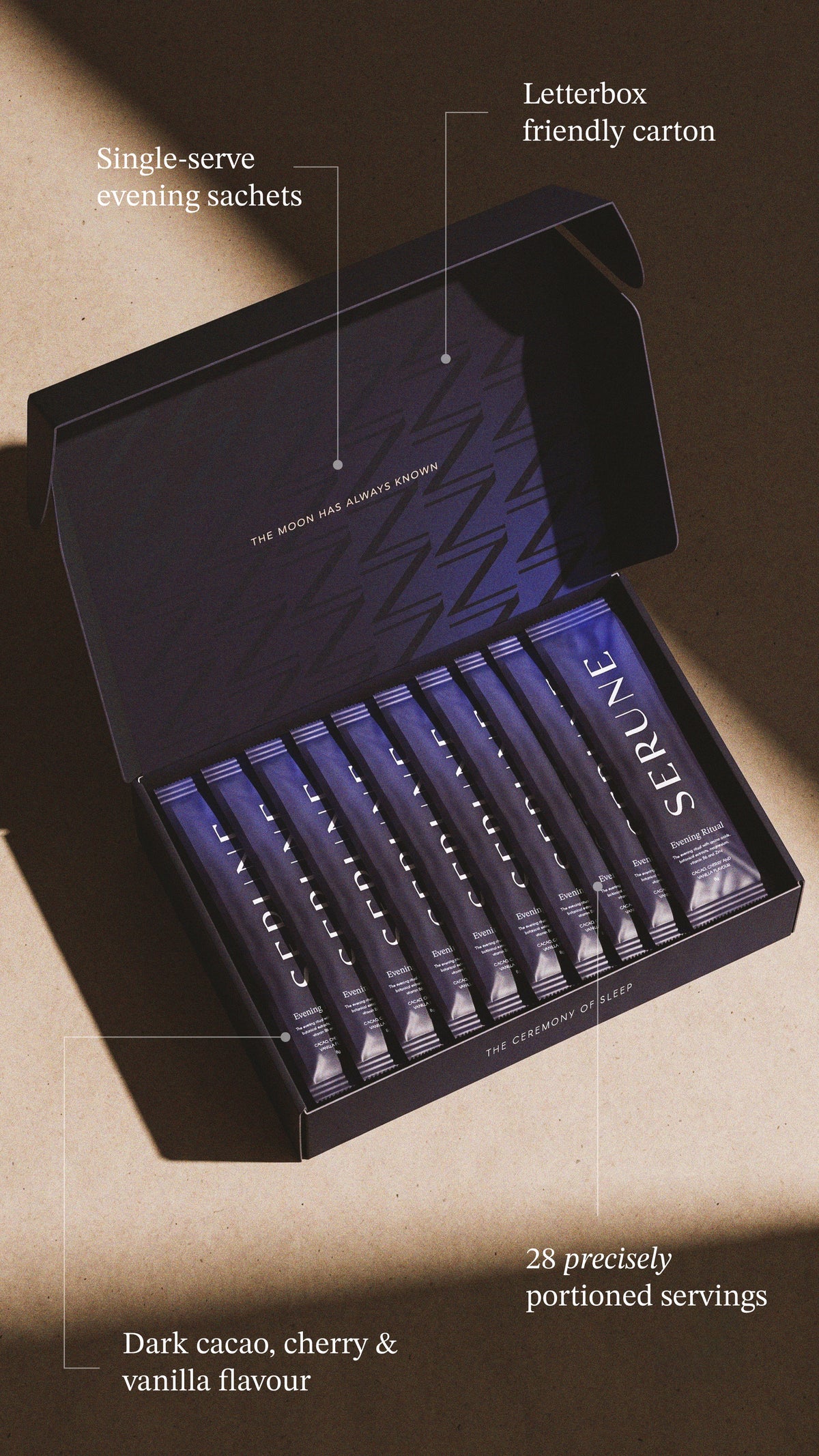 An open Serune box of sachets, with notes pointing out the pack's features