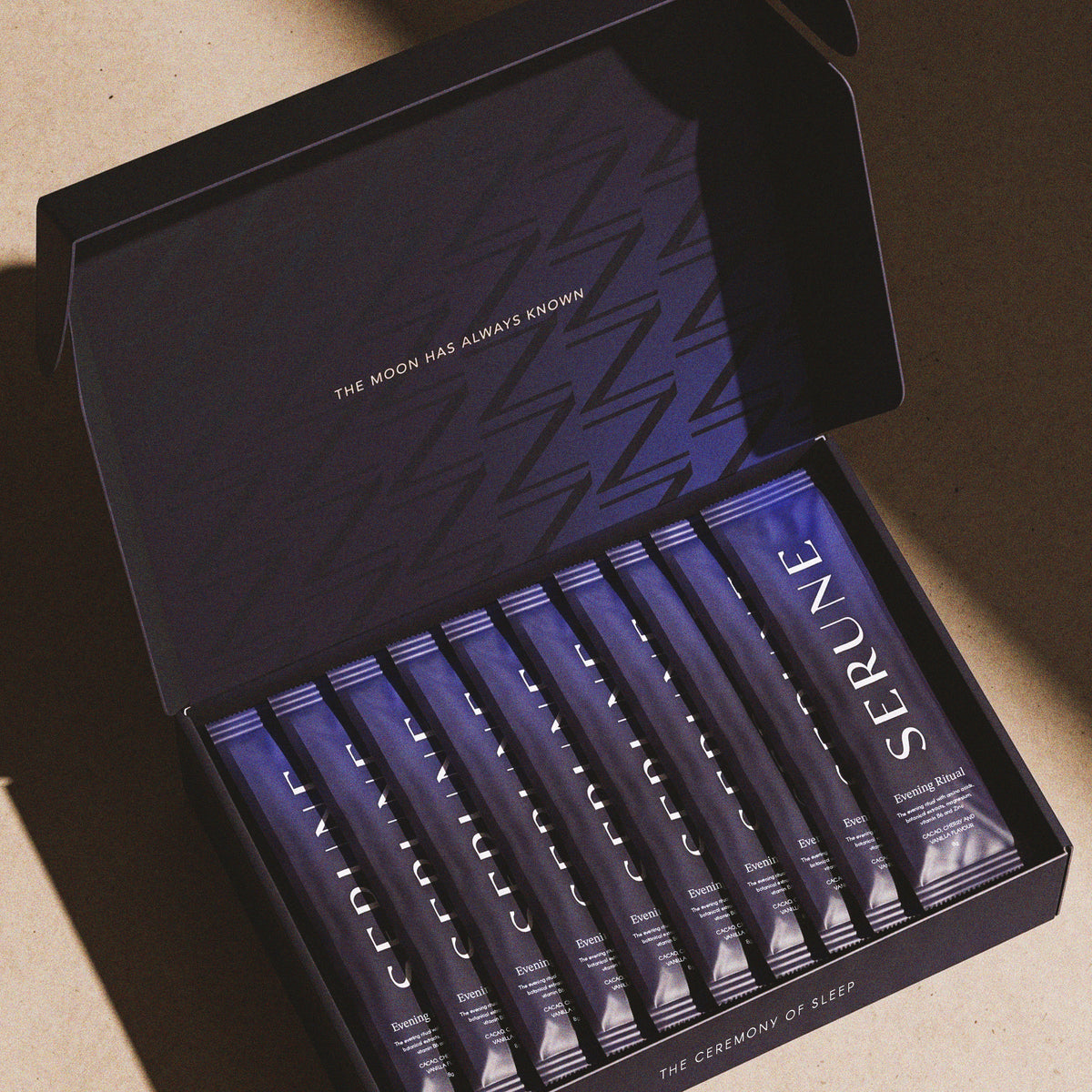 An open Serune box showing a row of Evening Ritual sachets