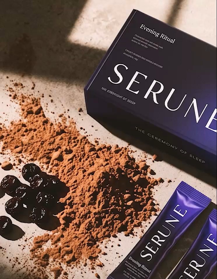 Serune box and sachets laid out with cacao powder and dark chocolate pieces